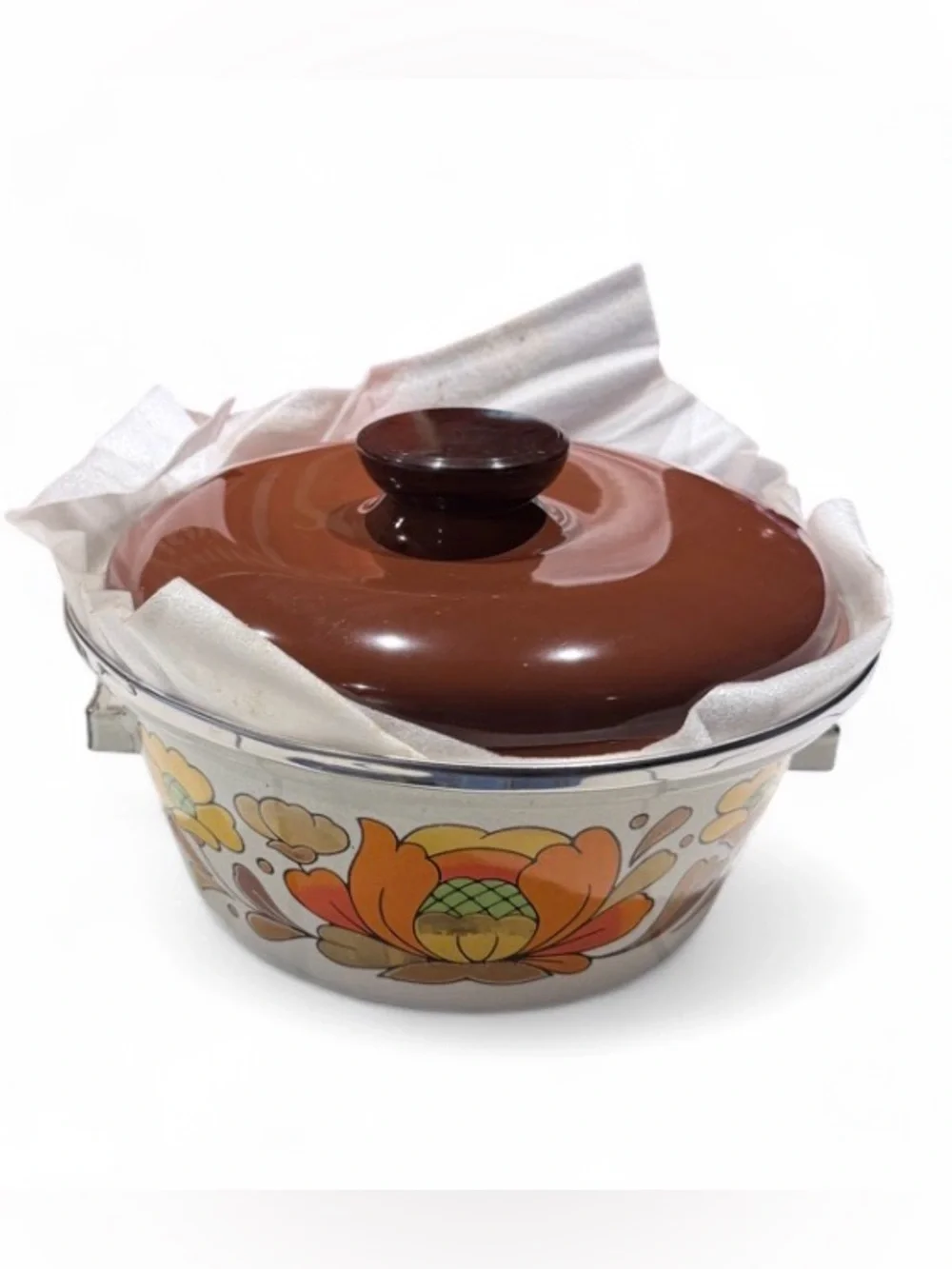 Vintage 1970s Sanko Ware Country Flowers Covered Deep Fryer Set Model 3011 NOS